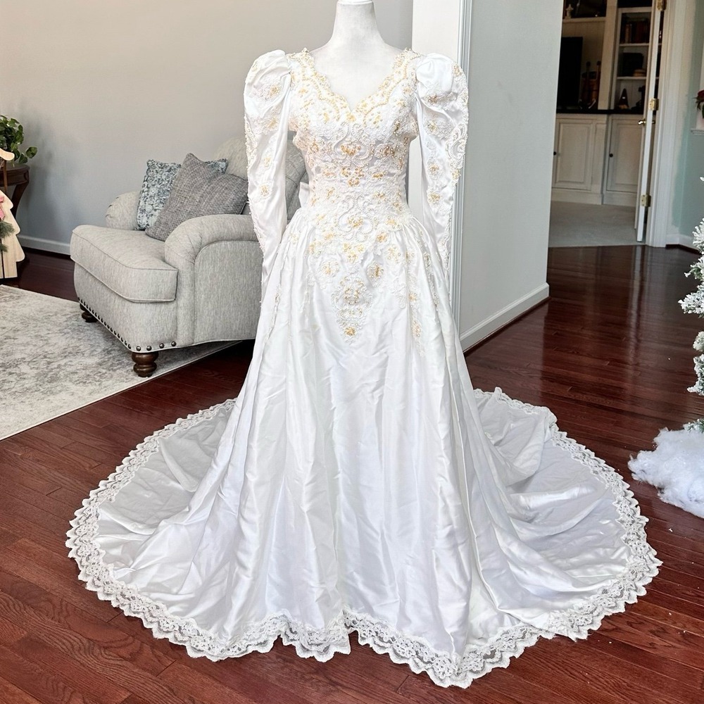 Vintage Mary's Long Sleeve Embellished Beaded Wedding Dress Cathedral Train